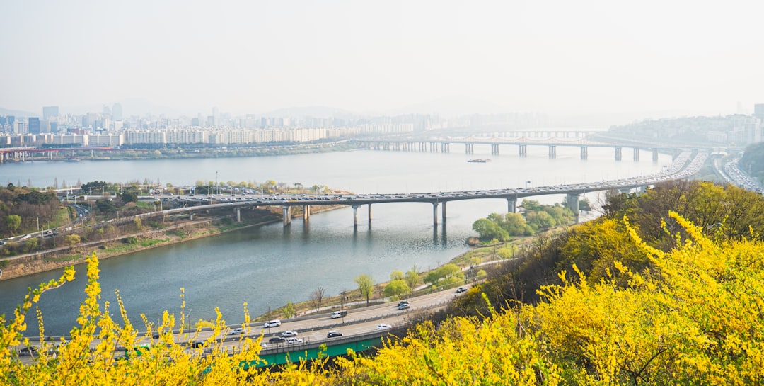 Aerial view of Seoul cityscape with Han River and mountains in background